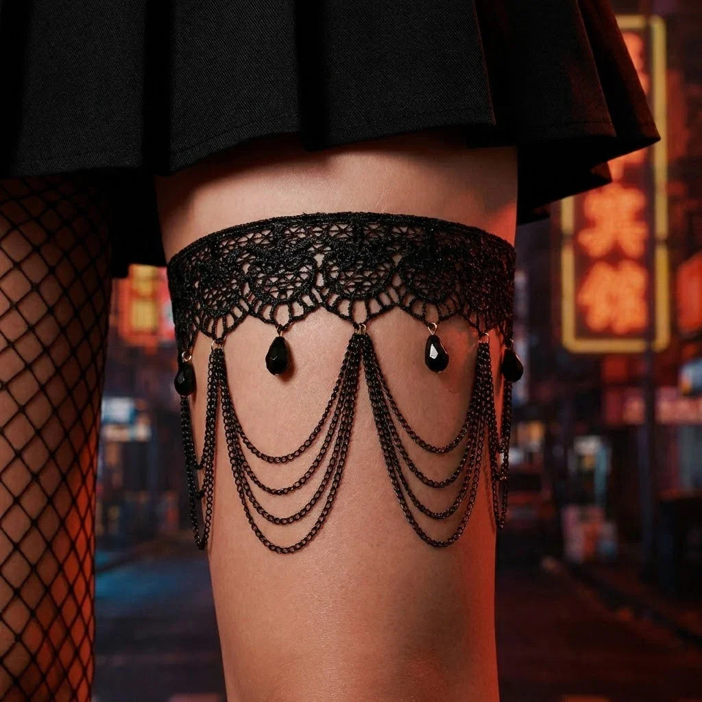 Black lace thigh chain - leg jewelry for women