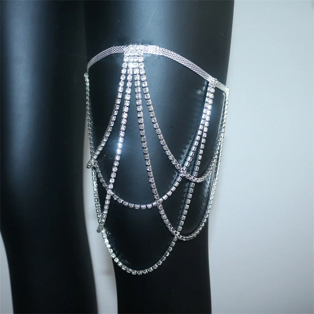 Rhinestone thigh chain - women’s leg jewelry silver