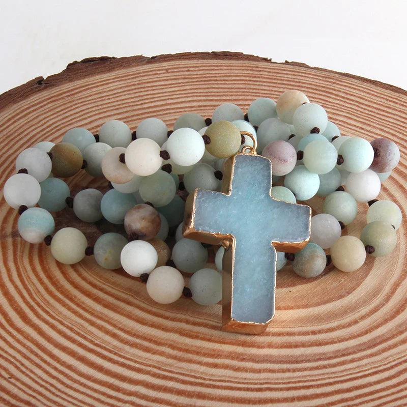 Rosary Cross Necklace Pendant in Natural Green Stones