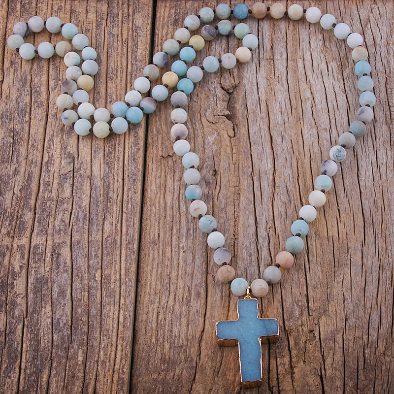 Rosary Cross Necklace Pendant in Natural Amazonite Stones