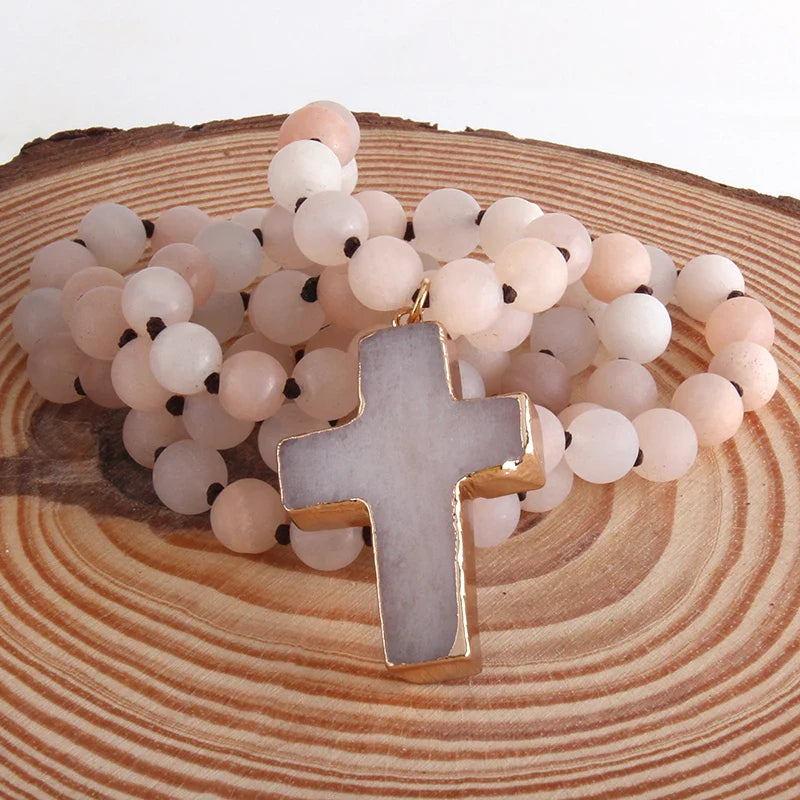 Rosary Cross Necklace Pendant in Natural Beige Stones