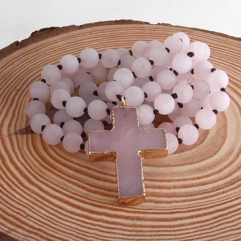 Rosary Cross Necklace Pendant in Natural Pink Stones