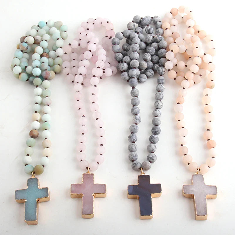 Rosary Cross Necklace Pendant in Natural Beige Stones