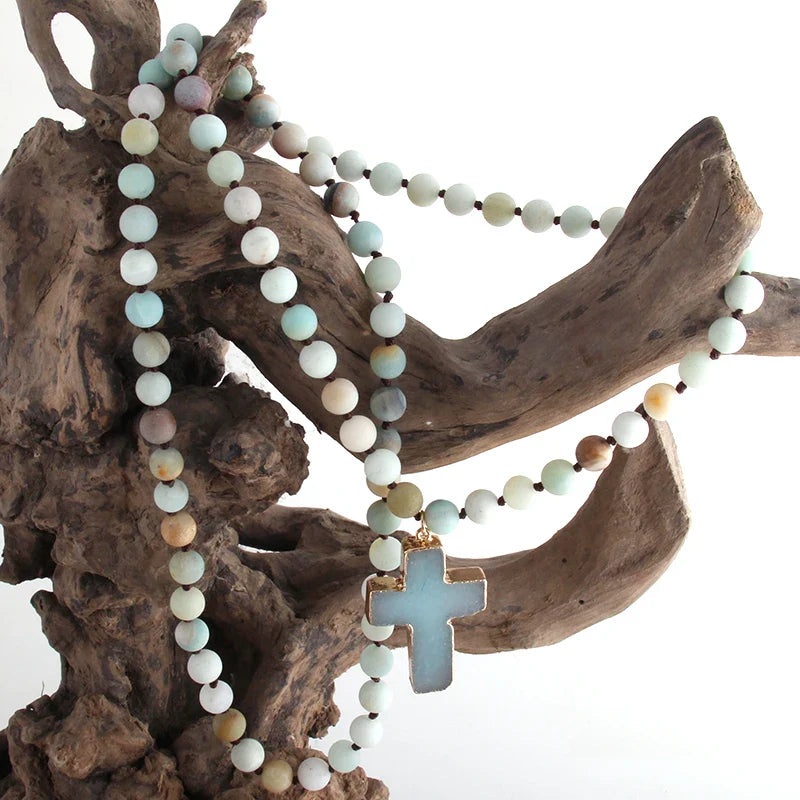 Rosary Cross Necklace Pendant in Natural Amazonite Stones