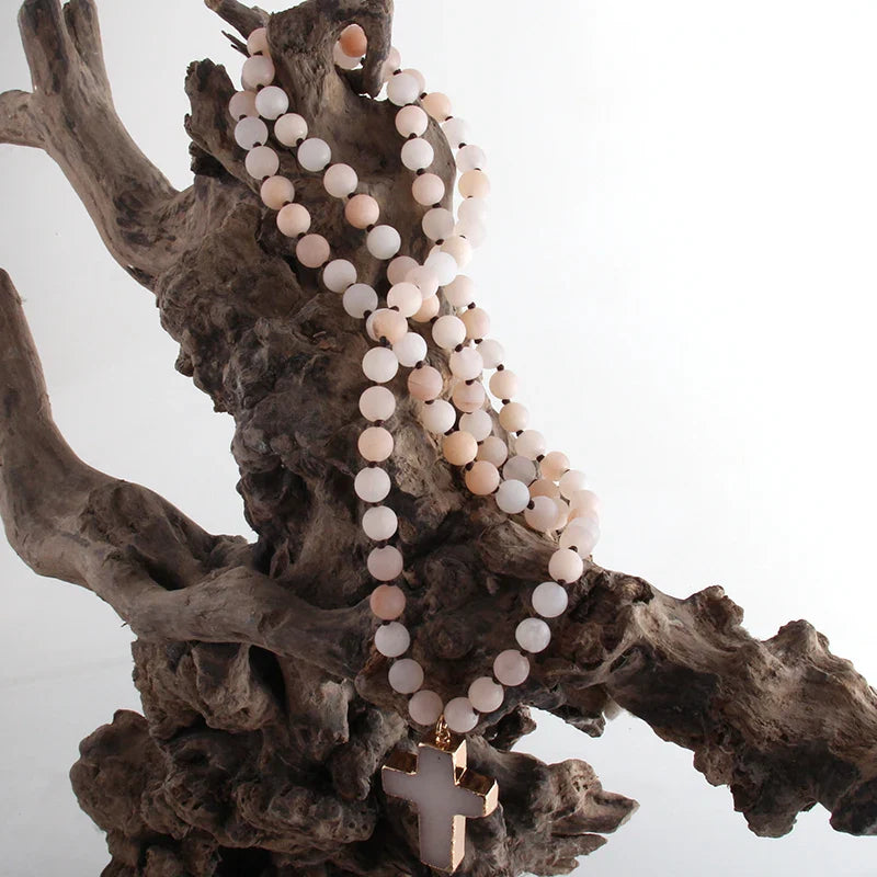 Rosary Cross Necklace Pendant in Natural Beige Stones