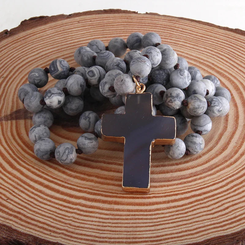 Rosary Cross Necklace Pendant in Natural Gray Stones
