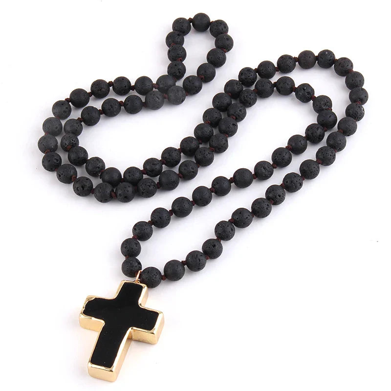 Rosary Cross Necklace Pendant in Natural Lava Stones