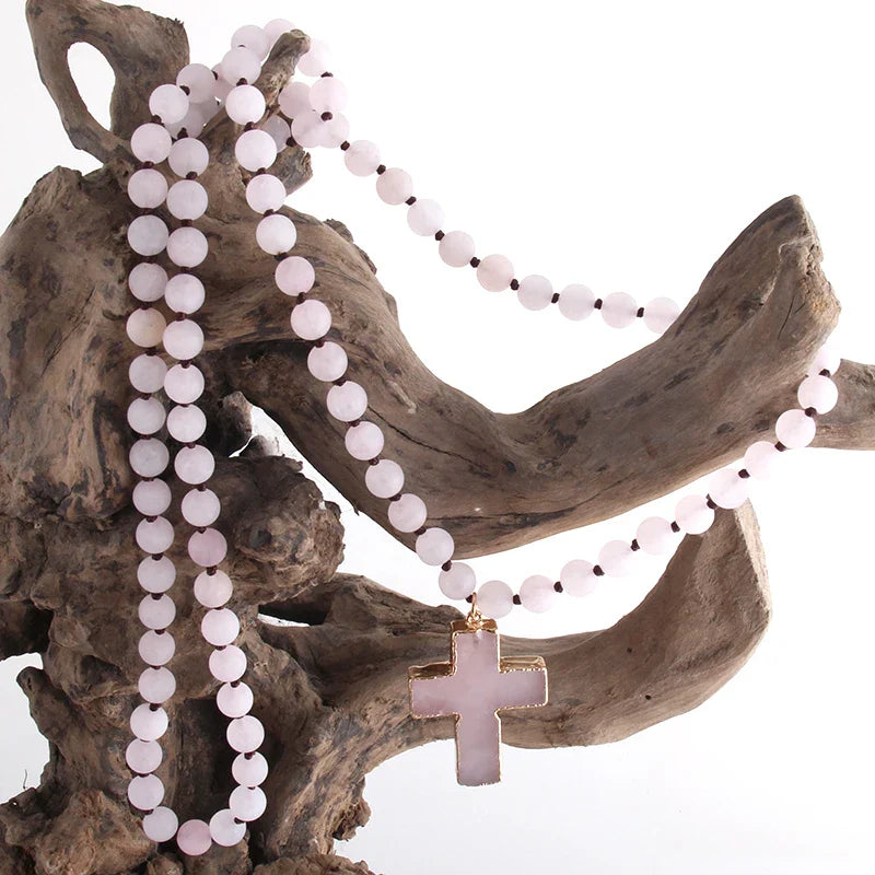 Rosary Cross Necklace Pendant in Natural Pink Stones