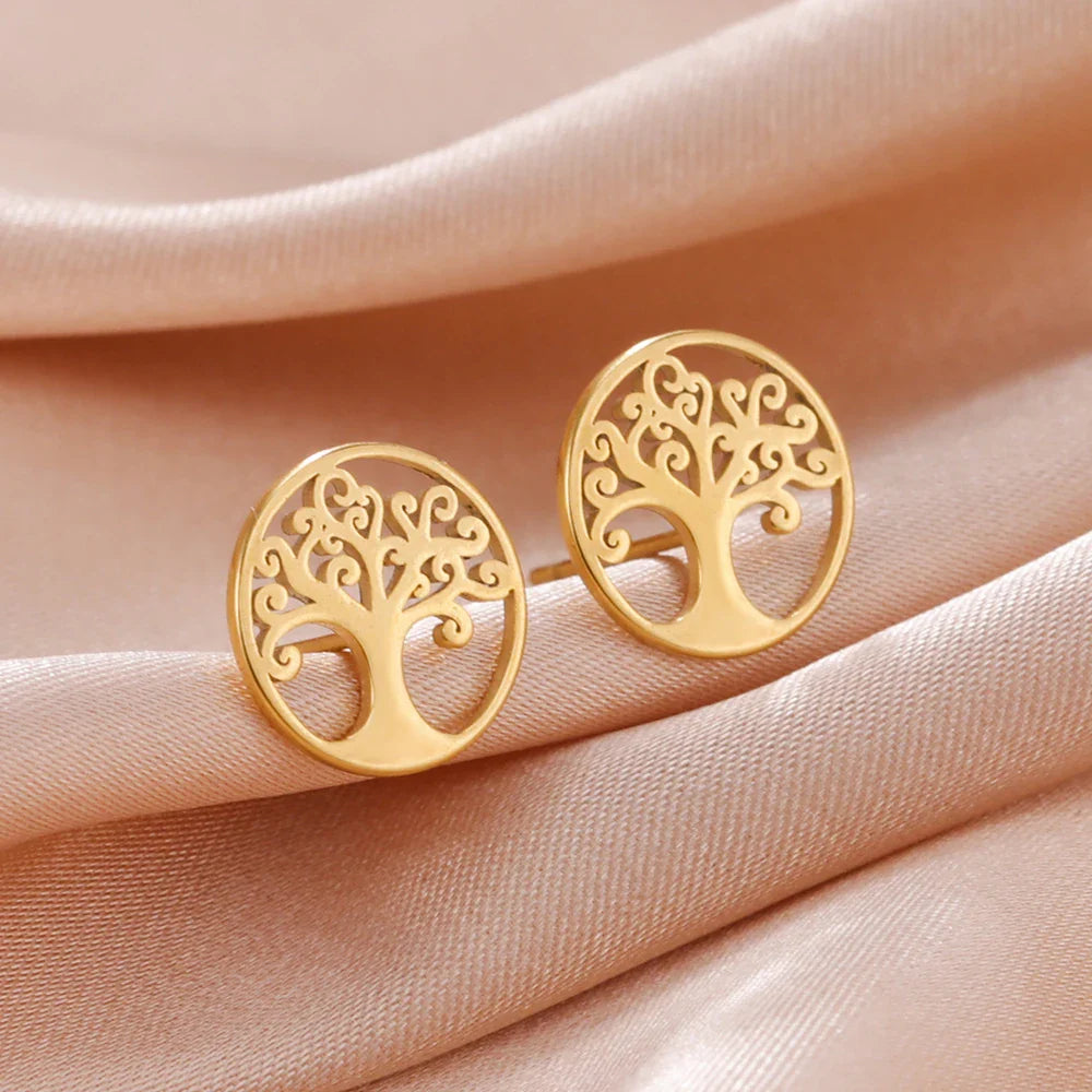 Tree of Life Stud Earrings Gold Hoops