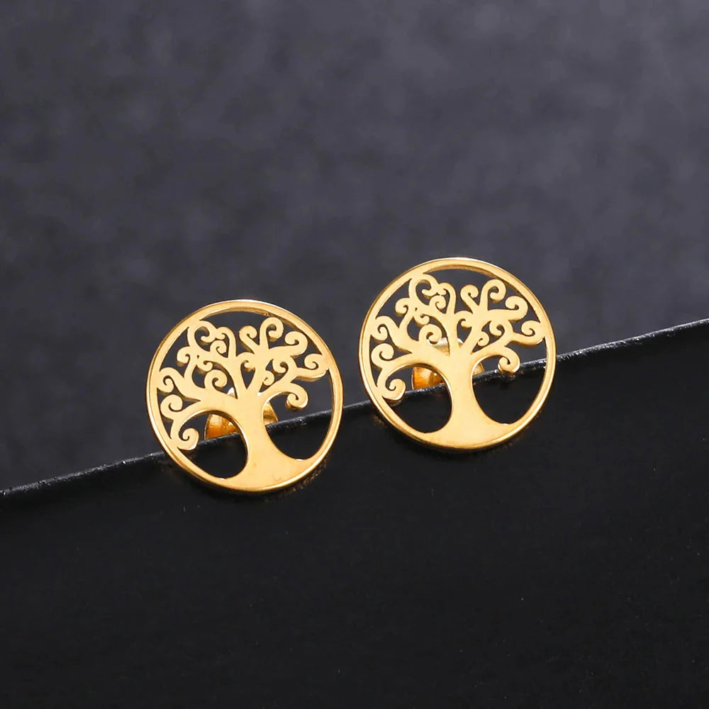 Tree of Life Stud Earrings Gold Hoops