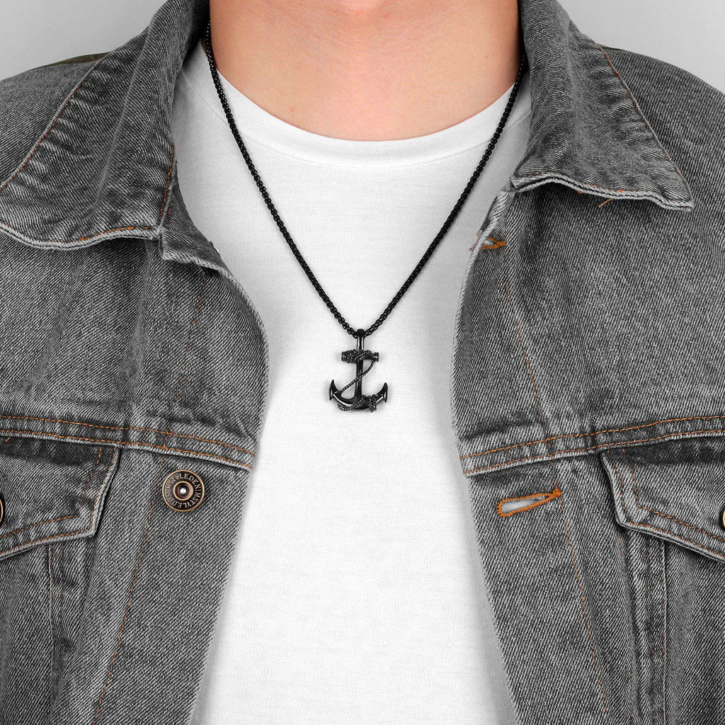 Men's black anchor necklace