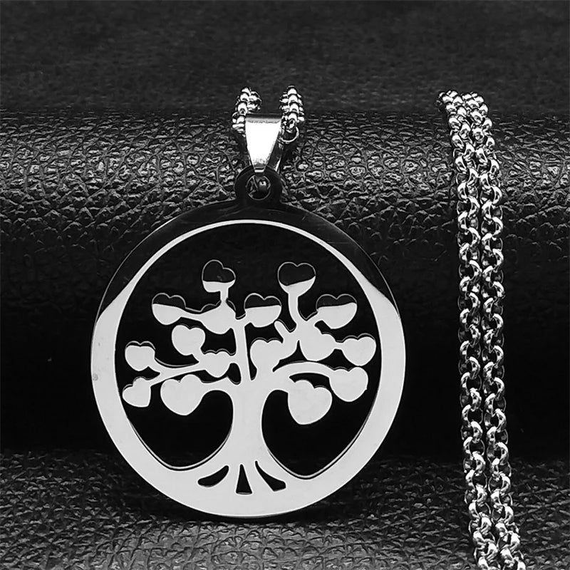 Life Tree Pendant Necklace Tempered Steel Silver