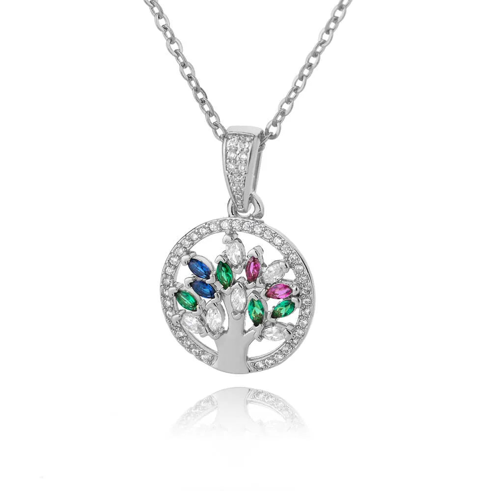 Tree of Life Necklace Pendant Women Silver Stones