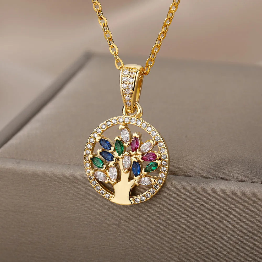 Tree of Life Necklace Pendant Women Gold Stones