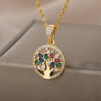 Tree of Life Necklace Pendant Women Gold Stones