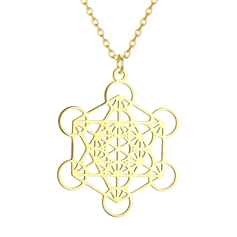 Necklace with Large Gold Metatron Cube Pendant