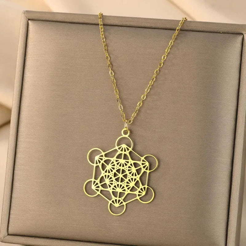 Necklace with Large Gold Metatron Cube Pendant