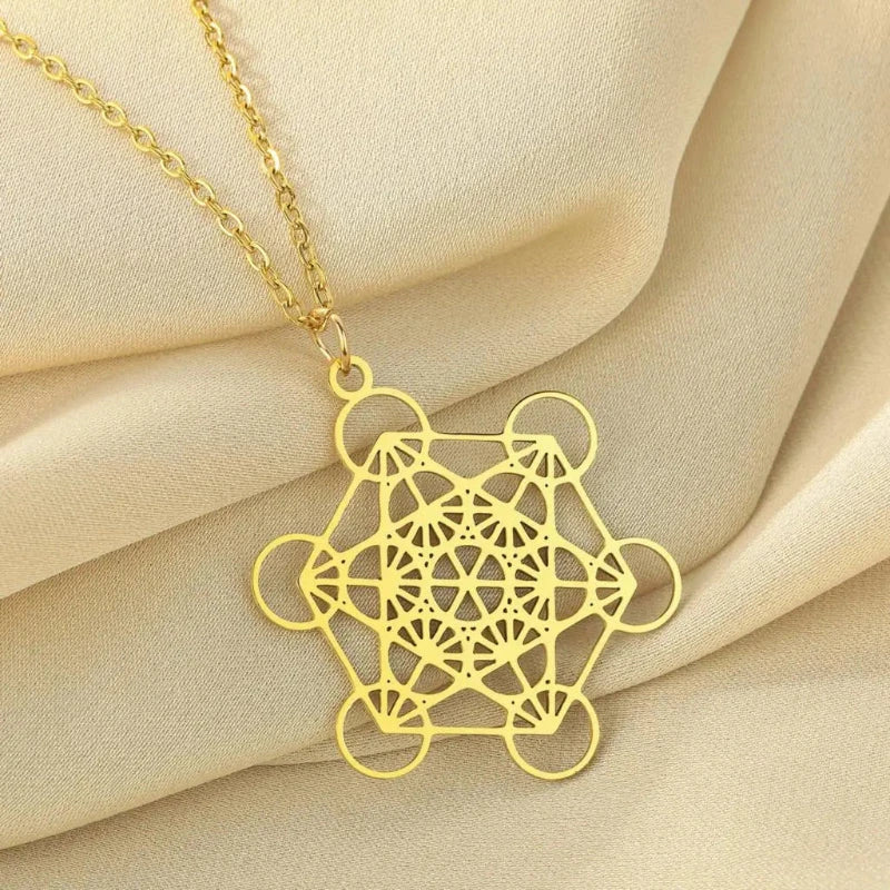 Necklace with Large Gold Metatron Cube Pendant
