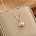 Shell Pendant Necklace Scallop Shell Rhinestones and Pearl