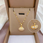 Shell Pendant Necklace Scallop Shell Rhinestones and Pearl