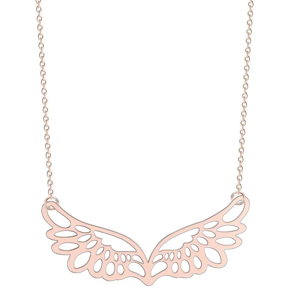 Necklace with large rose gold angel wings pendant