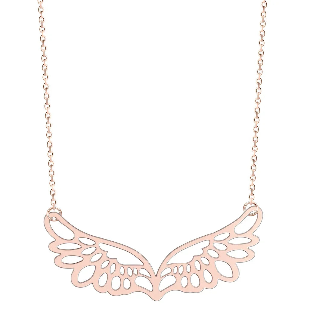 Necklace with large rose gold angel wings pendant