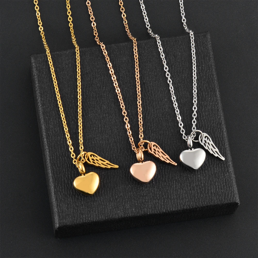 Urn necklace with angel wings and heart pendant in silver