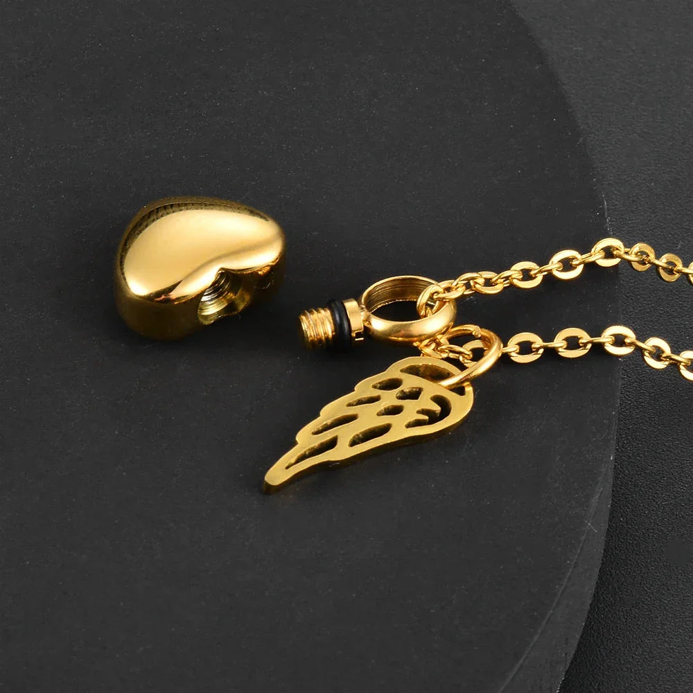Urn necklace with angel wings and heart pendant