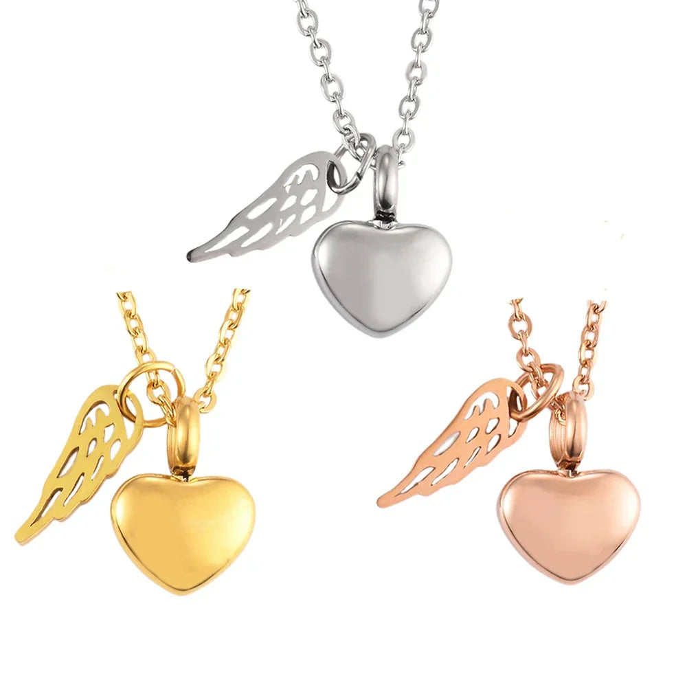 Urn necklace with angel wings and heart pendant