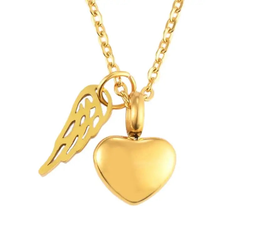 Urn necklace with angel wings and heart pendant in gold