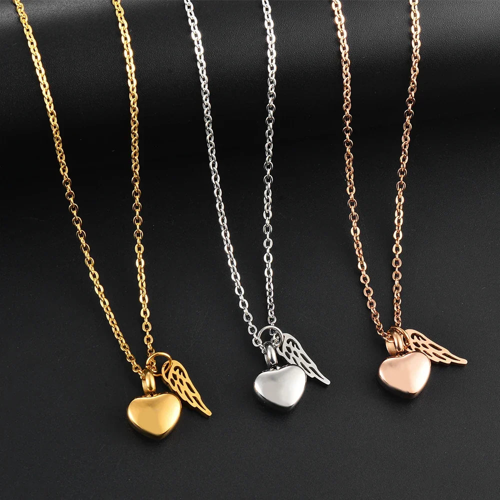 Urn necklace with angel wings and heart pendant in gold