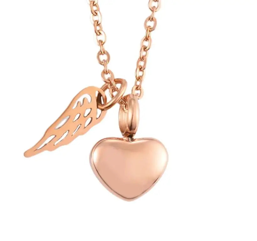 Urn necklace with angel wings and heart pendant in rose gold