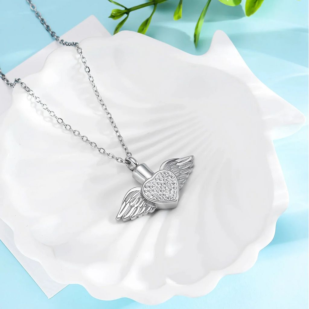Urn necklace with angel wing pendant