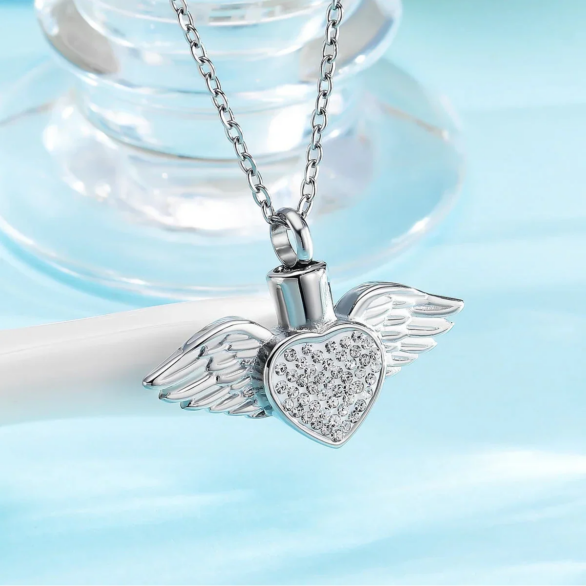 Urn necklace with angel wing pendant