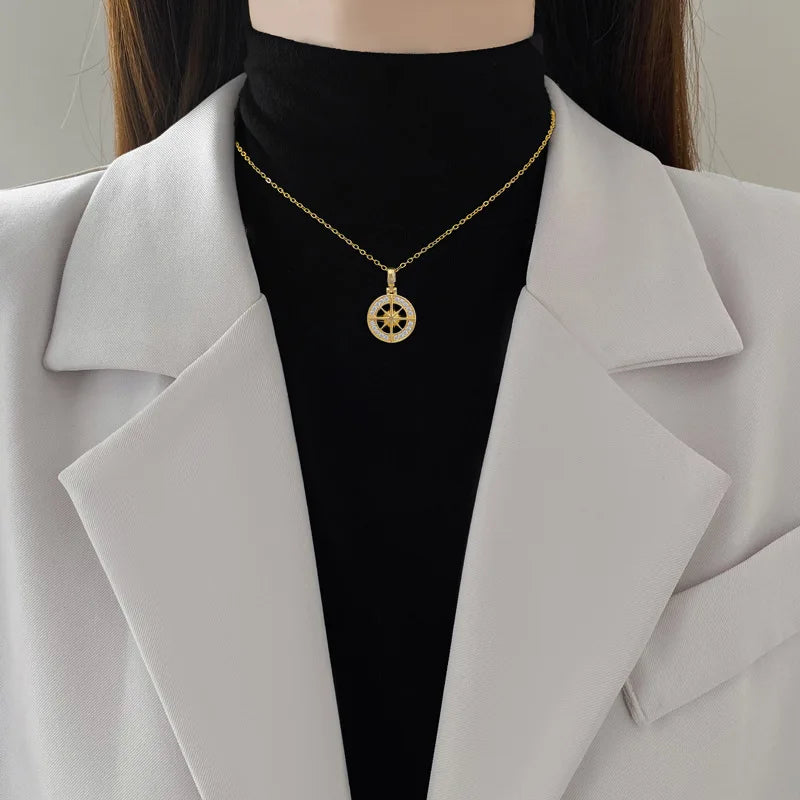Necklace with Compass Pendant with Rose Zircon Wind Rose