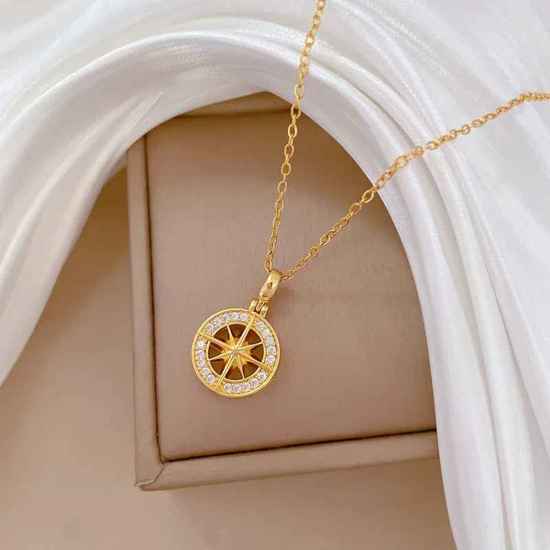 Necklace with Compass Pendant with Rose Zircon Wind Rose