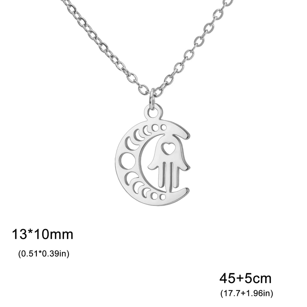 Necklace with Arabic Islamic crescent moon and Hamsa pendant in silver