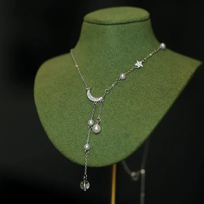 Necklace with Crescent Moon Pendant and Pearls
