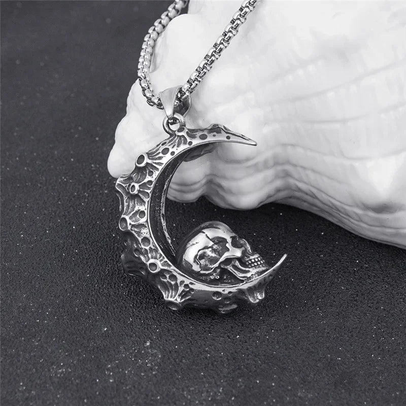 Necklace with Crescent Moon and Skull Pendant
