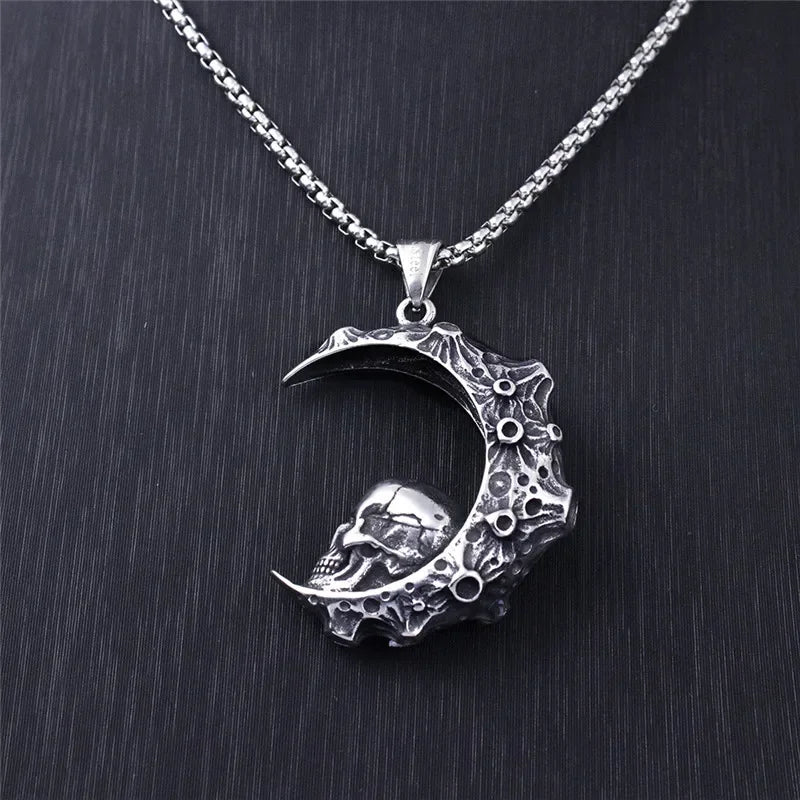 Necklace with Crescent Moon and Skull Pendant