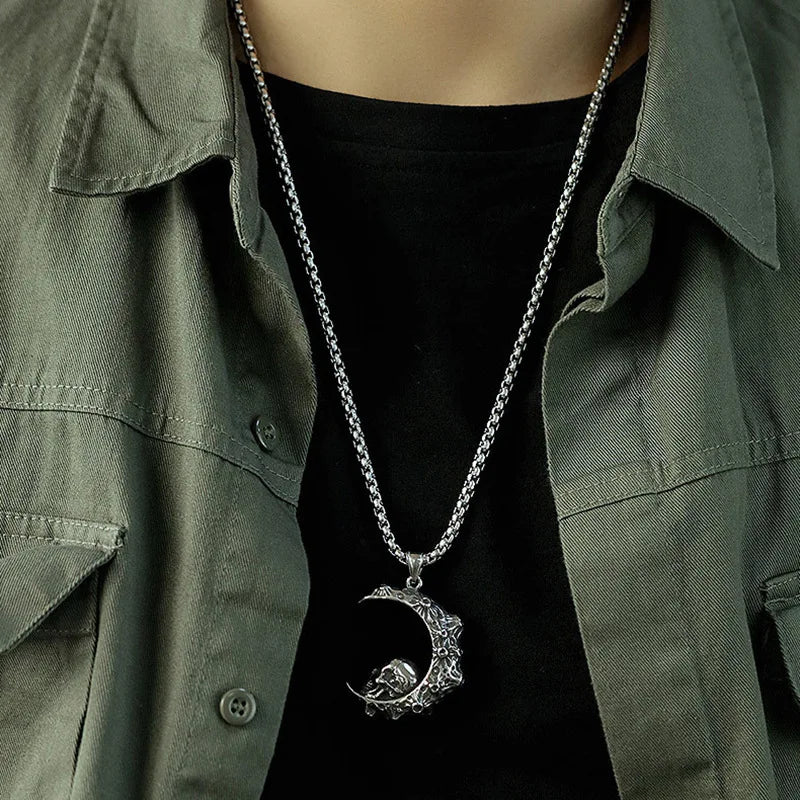 Necklace with Crescent Moon and Skull Pendant