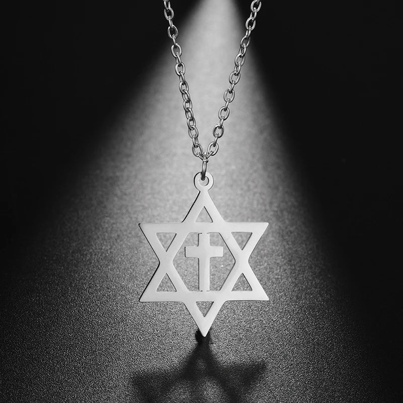 Necklace with cross pendant and Star of David, orthodox Jewish symbols, silver