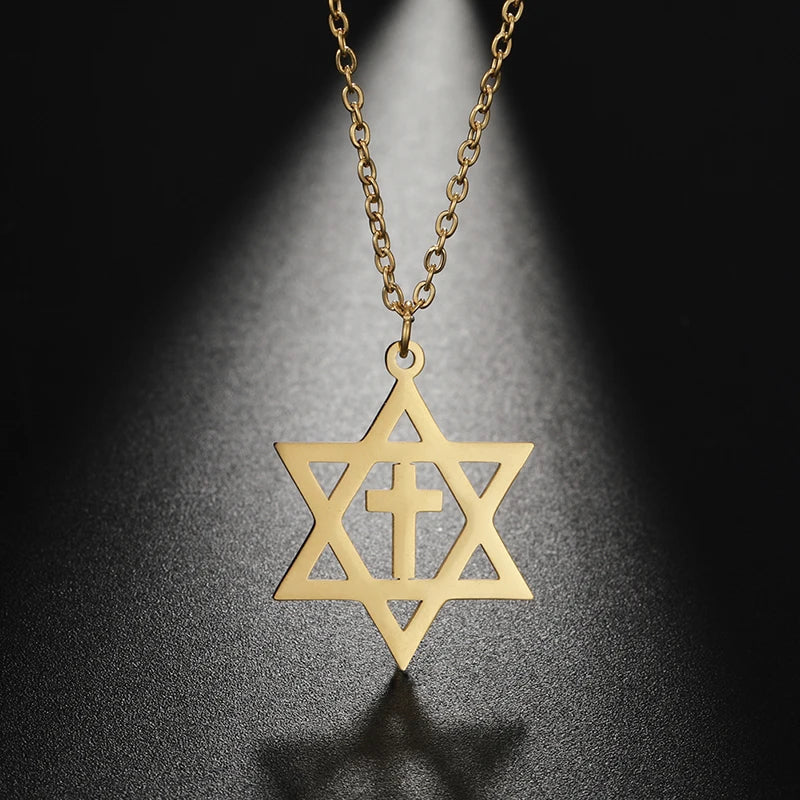 Necklace with cross pendant and Star of David, orthodox Jewish symbols, gold