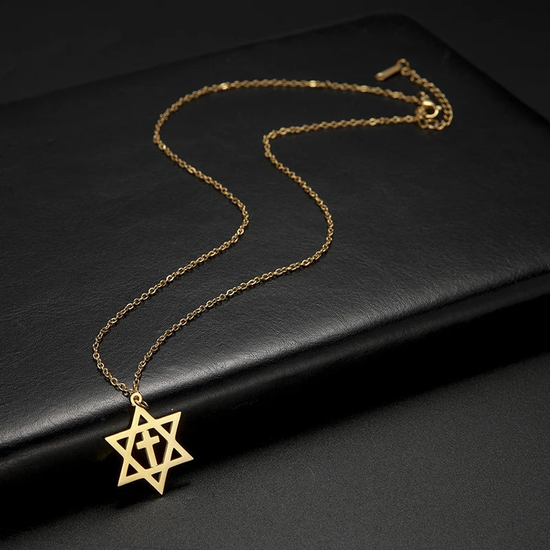 Necklace with cross pendant and Star of David, orthodox Jewish symbols, gold