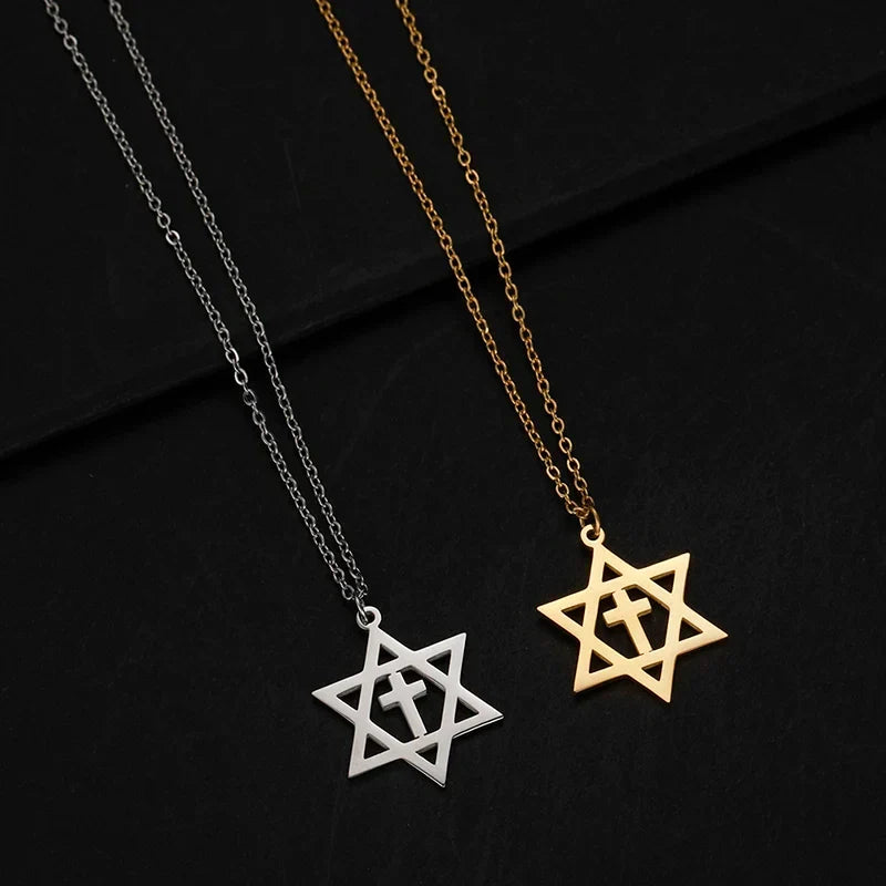 Necklace with cross pendant and Star of David, orthodox Jewish symbols, gold