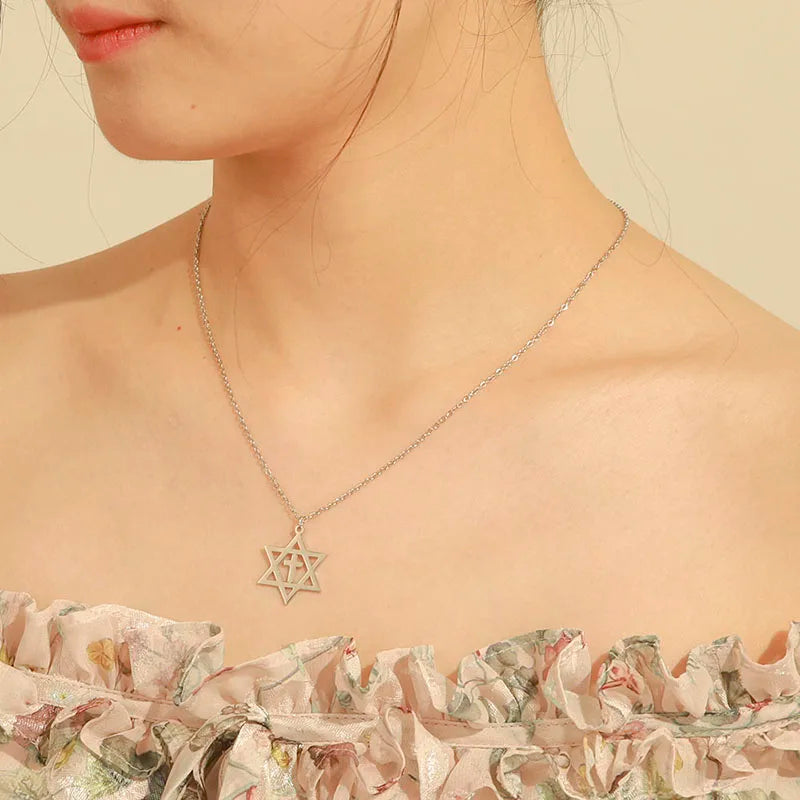 Necklace with cross pendant and Star of David, orthodox Jewish symbols, silver