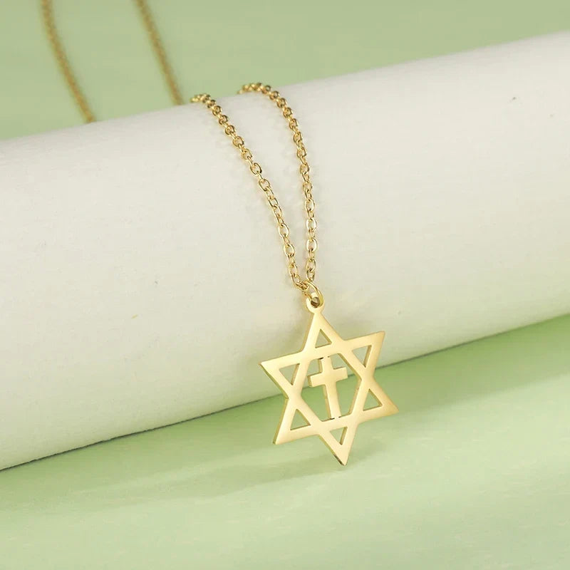 Necklace with cross pendant and Star of David, orthodox Jewish symbols, gold