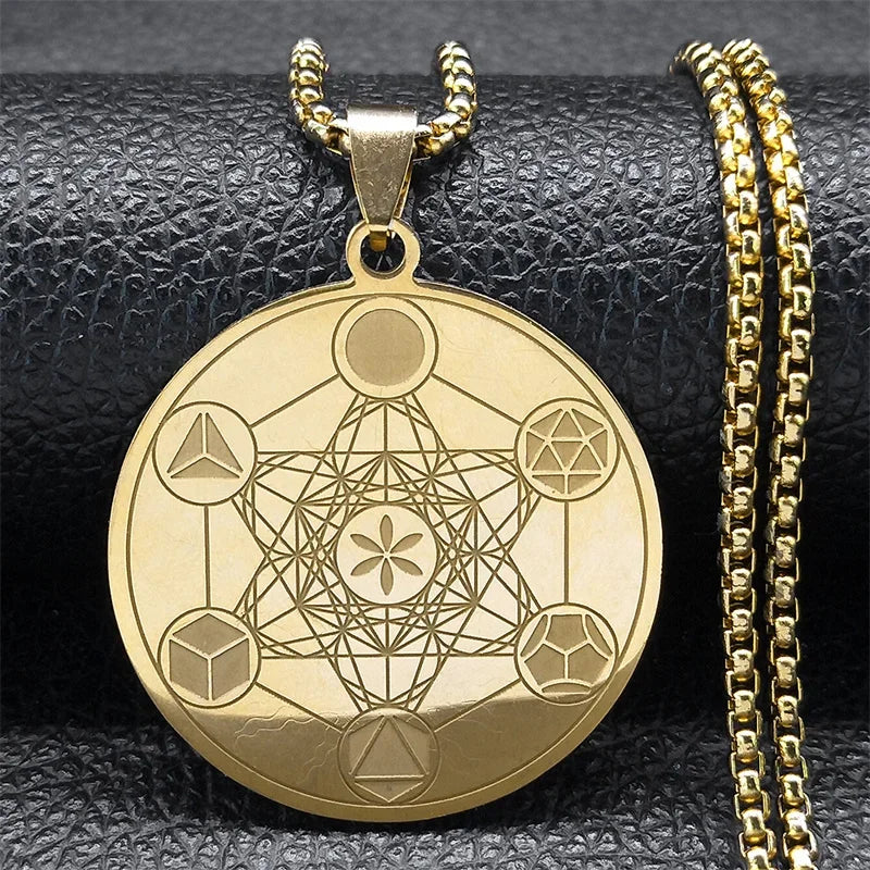 Necklace with Metatron Cube Pendant for Men or Women gold
