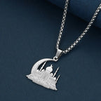 Necklace with a mosque pendant on an Arabic, Islamic, Muslim crescent moon in silver