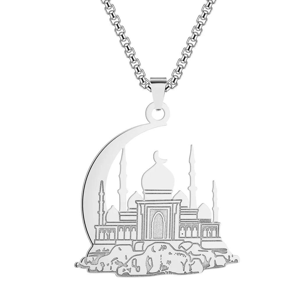 Necklace with a mosque pendant on an Arabic, Islamic, Muslim crescent moon in silver